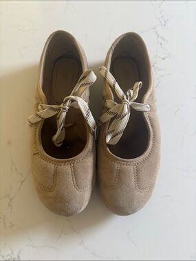 Zara Tan Suede Ballet Flats with Striped Ribbon Tie